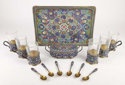 Magnificent 19th C. Russian Enamel & 84 Silver Tea Set