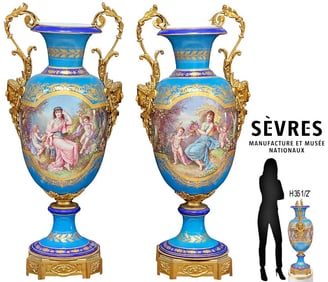 Large 19th C. Louis XVI Style Pair Of Sevres Porcelain Bronze Figural Mounted Vase, Singed By AMagLi
