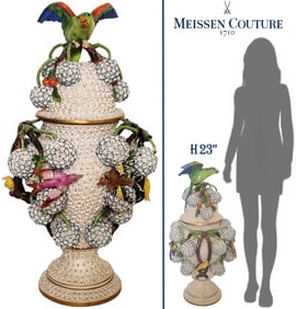 Large Meissen Bird On Branches Figural Snowball Vase, Centerpiece