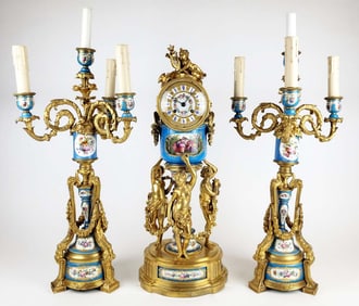 19th C. Sevres Tiffany & Co. French Porcelain & Gilt Bronze Clockset