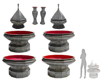 Rare Set Of Eight Antique Southeast Asian Figural Mother Of Pearl Inlaid