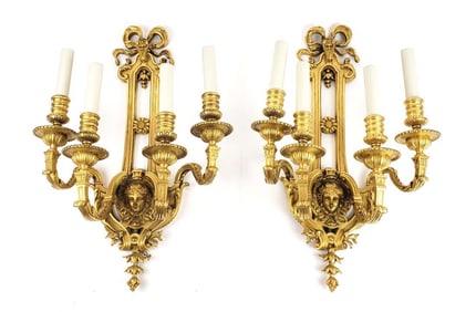 Pair of 19th C. French Gilt Bronze Figural Wall Sconces
