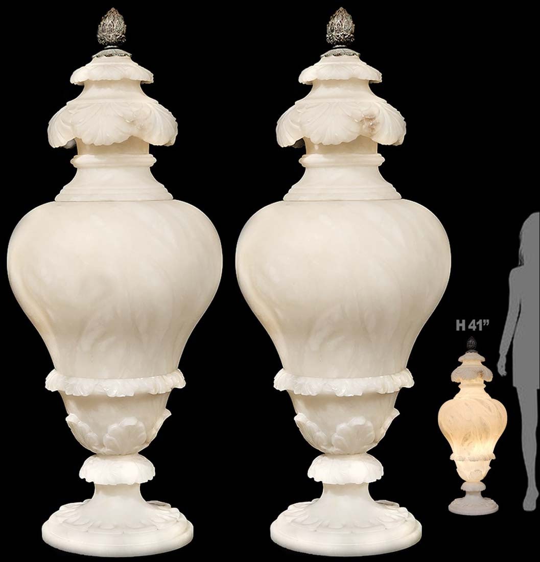 Pair Of Large 19th C. French Carved Alabaster Lamps: Pair Of Large 19th C. French Carved Alabaster Lamps. H 41" x W 13"