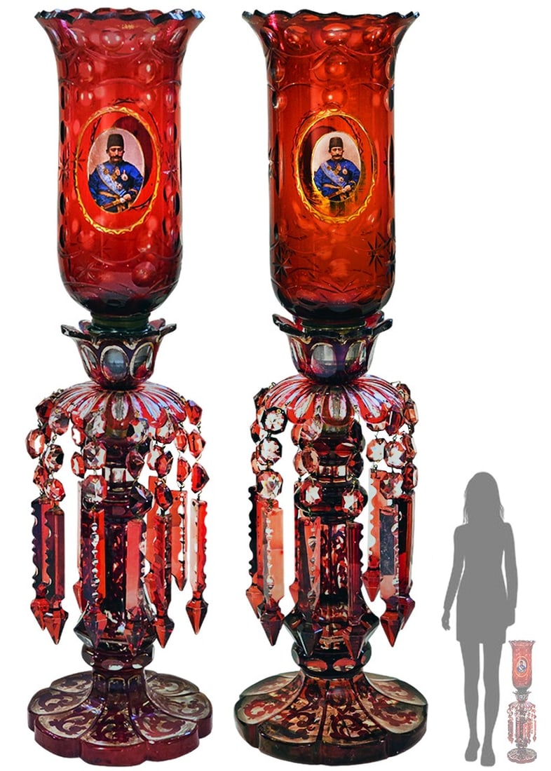 Pair Of 19th C. Persian Qajar Lamp & Baccarat Shade Lamps: Pair Of 19th C. Persian Qajar Lamp & Baccarat Shade Lamps. H 25" x W 6"
