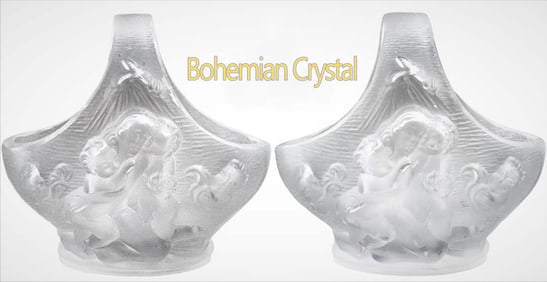 Pair of Vintage Bohemian figural carved Crystal Basket/Candy Bowl