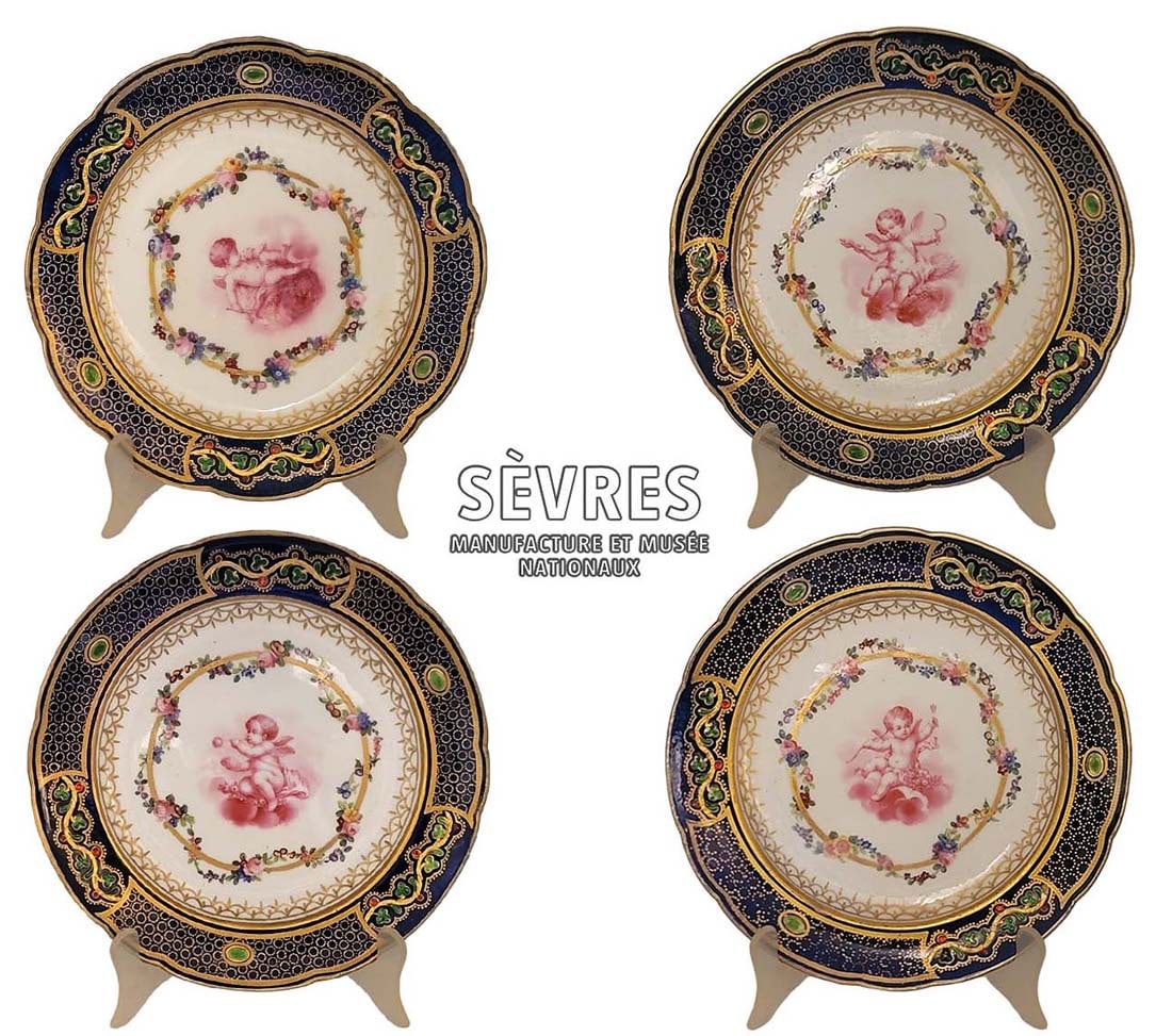 Set Of Four Late 18th C. French Hand Painted Jeweled & Enamel Sevres Plates: Each plate is a painting of a cupid designed by flowers. Boarder of each plate is jeweled with fine green and red enameling. D 8"