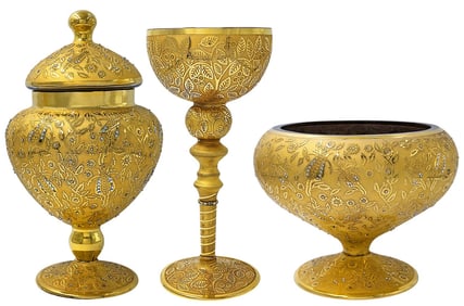 Set Of Three Beautiful Oriental Style Gold-Gilt & Jeweled Decorative Crystal Centerpieces