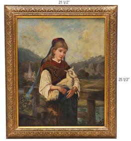 Oil On Canvas Shepherdess Painting