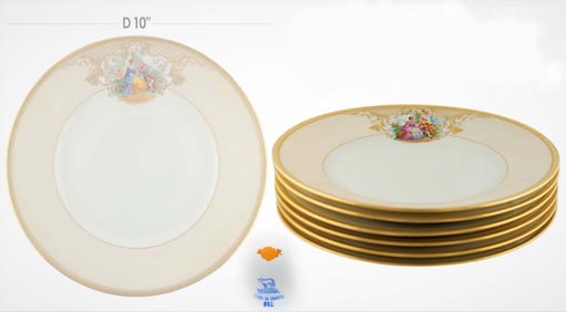 Set Of Six 19th C. Dresden Lamb Porcelain Hand Painted Dinner Plates