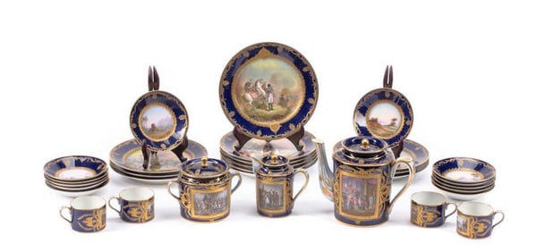 19th C. Sevres Napoleonic Gilt & Polychromed Porcelain Coffee Service