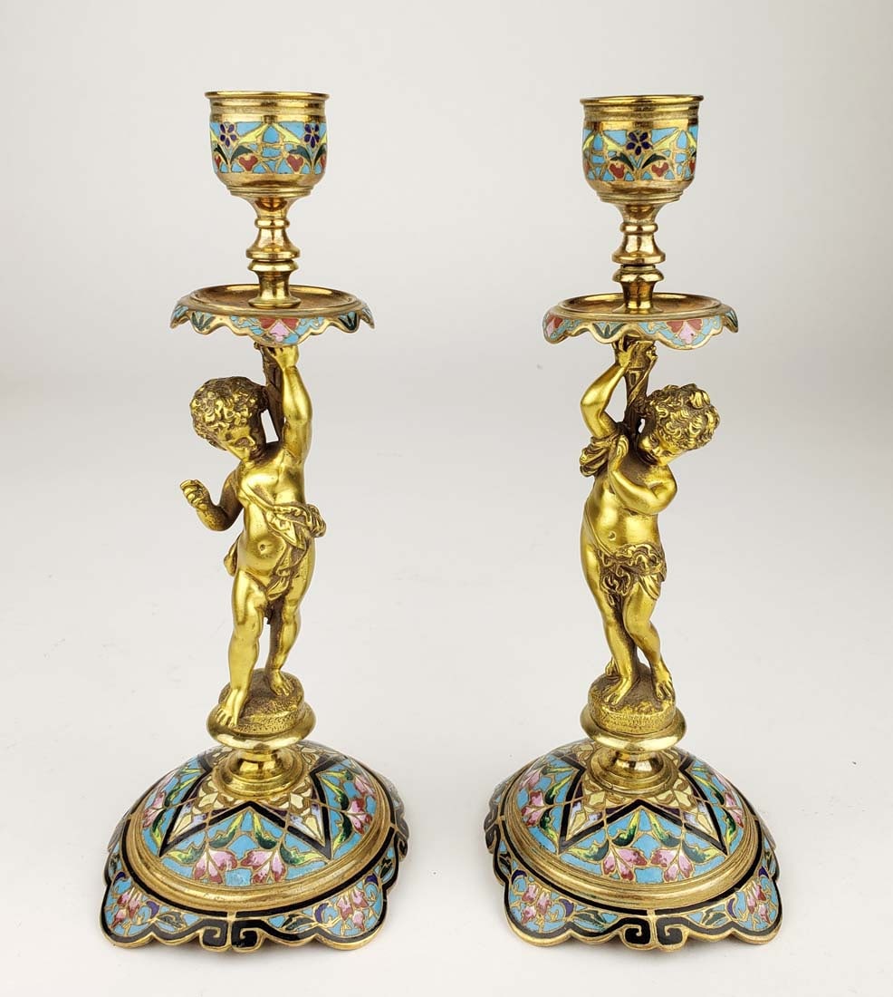 Pair of 19th C. French Champleve Enamel Candlesticks: Pair of 19th C. French Champleve Enamel Candlesticks. Measures H: 8" W: 2 3/4"