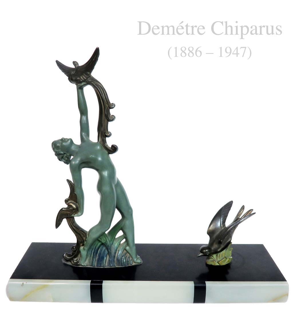 A Woman with Bird by Demetre Chiparus Signed, C. 1925: A Woman with Bird by Demetre Chiparus Signed, C. 1925. Signed on the marble base, Measures H: 8" W: 10" D: 3"