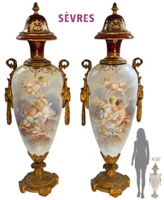 Large Pair Of Large 19th C. French Hand Painted Sevres Urns, Signed By Callot
