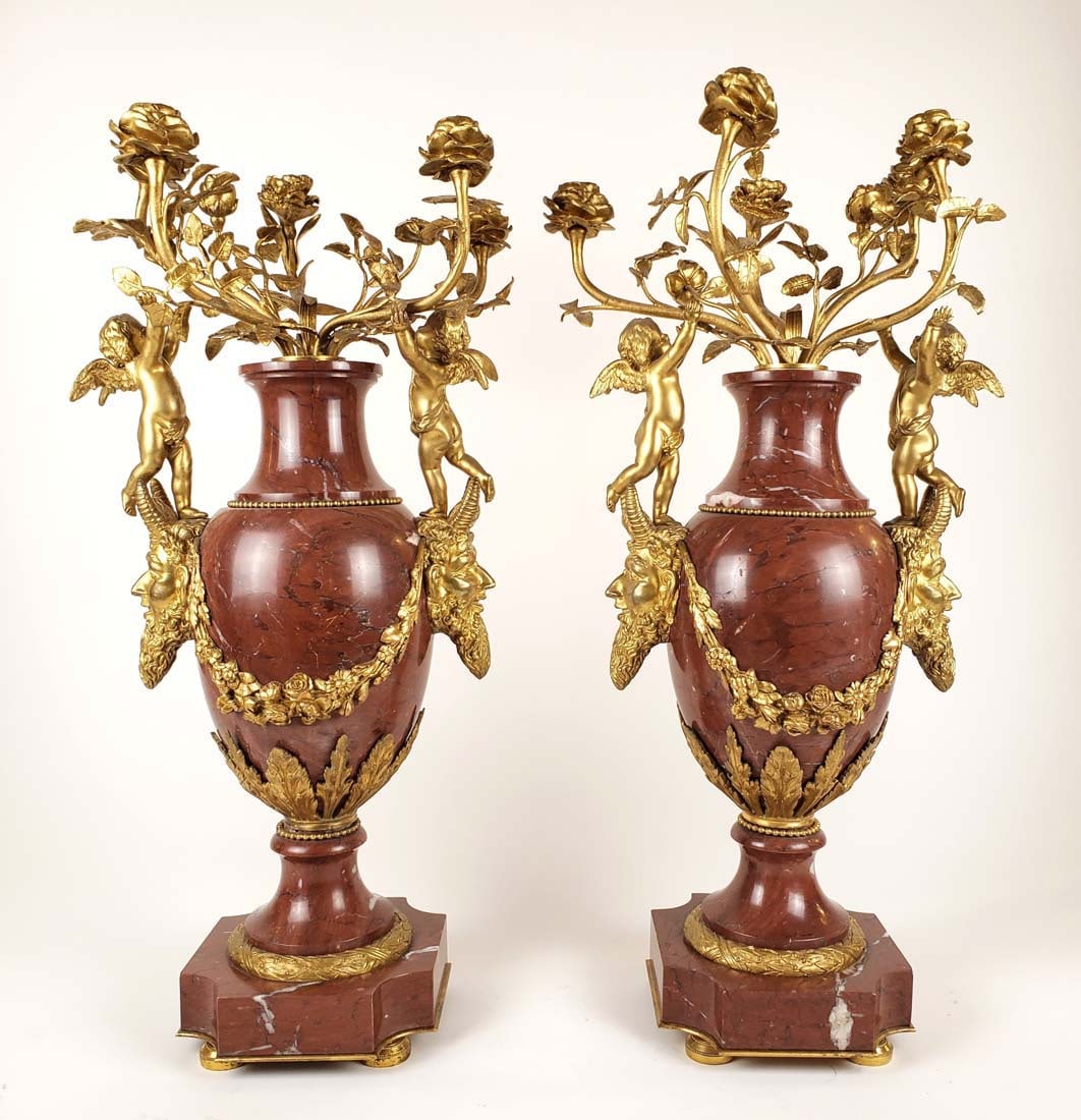 Pair of Large 19th C. Rouge Marble & Gilt Bronze Candelabras (1 of 4)