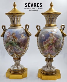 Pair Of 19th C. French Sevres Urns, Signed