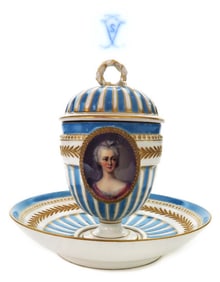 18TH CENTURY SEVRES, COVERED CUP AND SAUCER