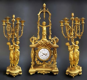 Magnificent French Monumental Mercury Gilt Bronze Figural Clock Set By L. Marchand
