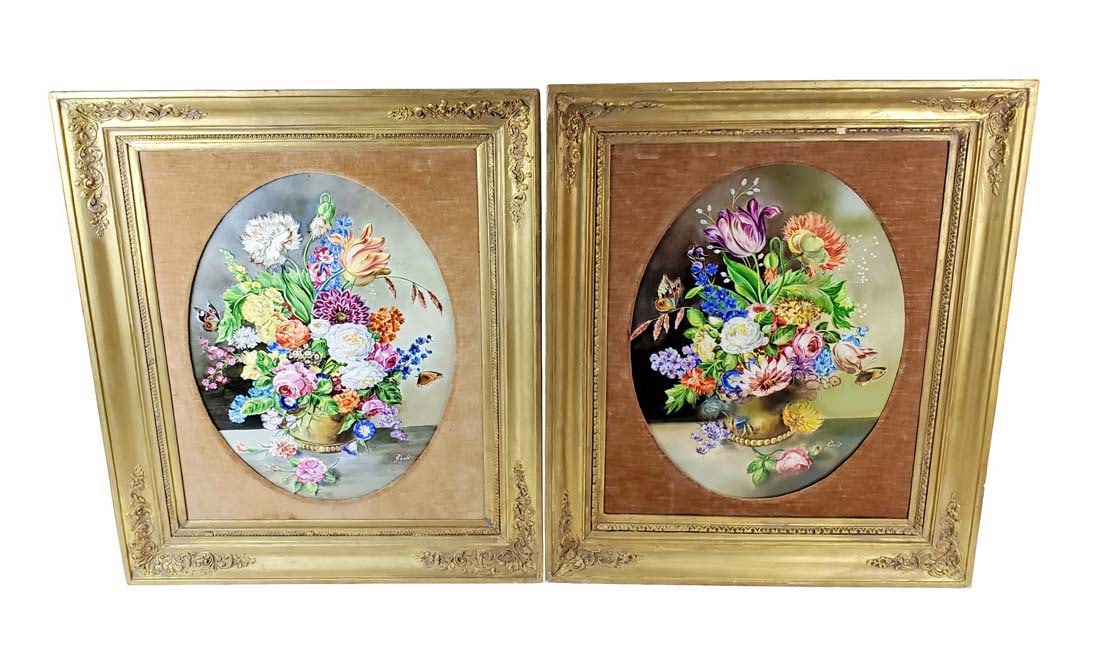 Pair of 19th C. KPM Floral Porcelain Plaques Signed J. Gislet: Pair of 19th C. KPM Floral Porcelain Plaques Signed J. Gislet. The frames measure 25 1/4" x 21 1/4" and the plaques measure 18" x 13"