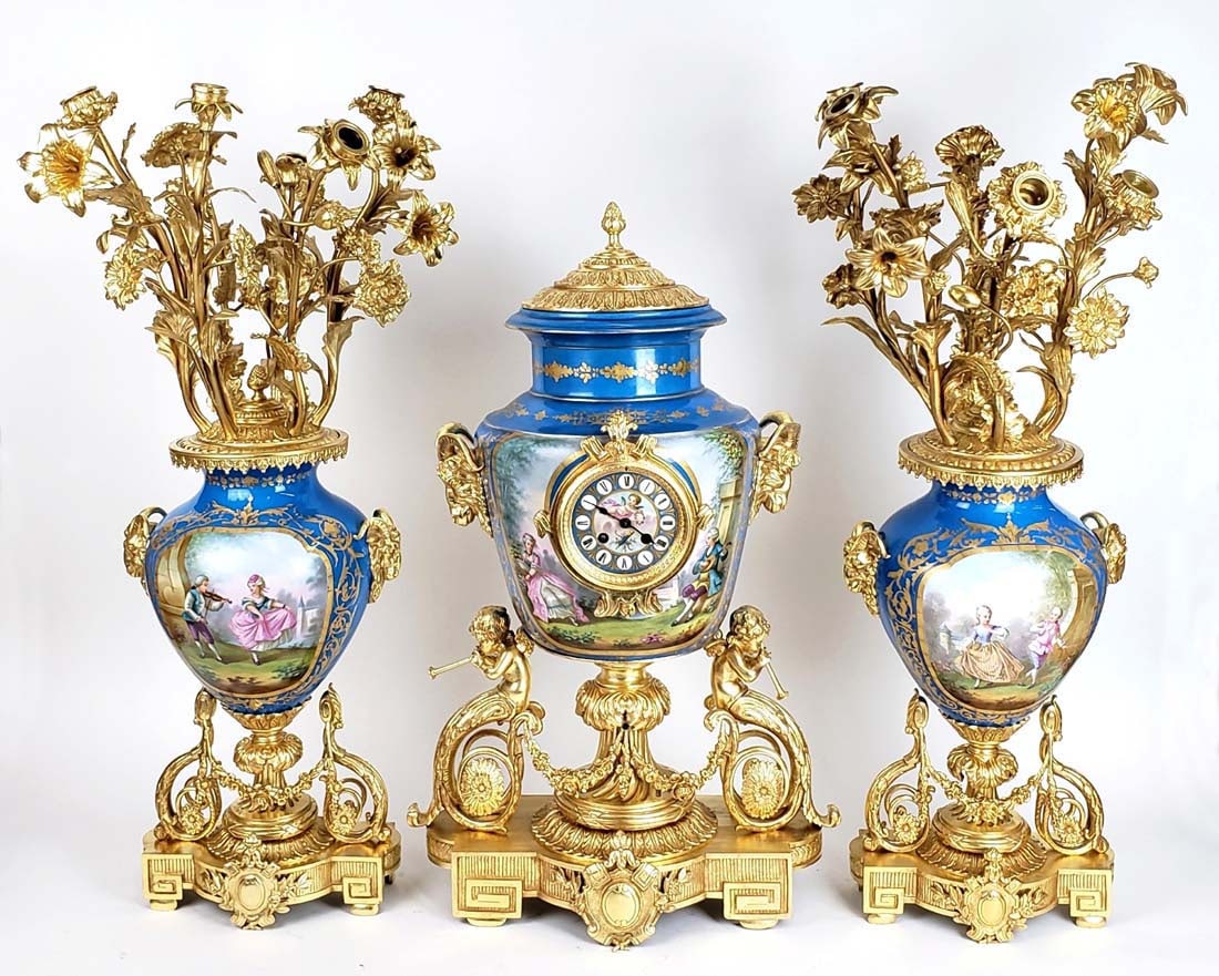 Magnificent 19th C. 3 Pc. Sevres Gilt Bronze & Porcelain Clockset, Circa 1880 (1 of 13)