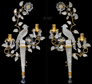 Pair Of Large Maison Bagues Style Rock Crystal Two-Arm Gilt Bird Parrot Sconces