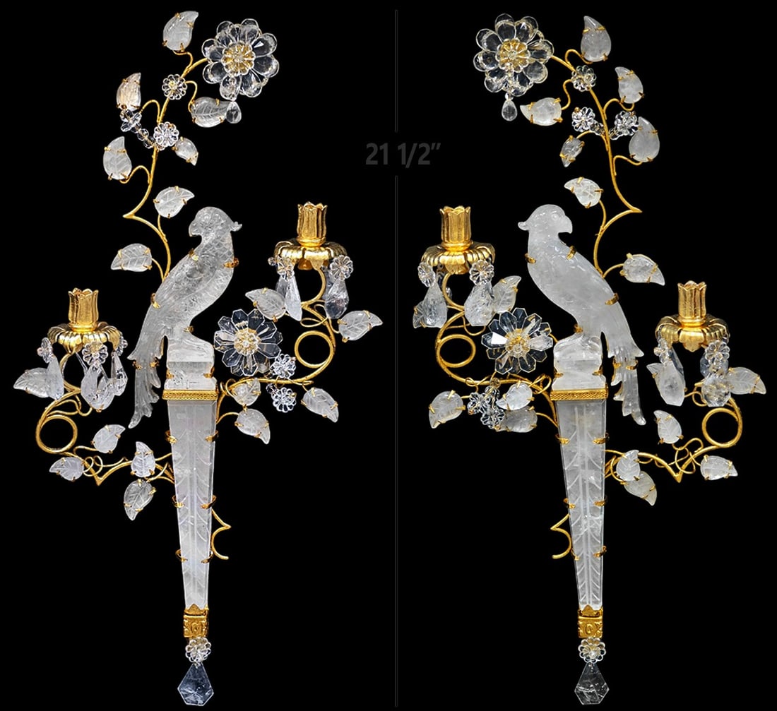 Pair Of Large Maison Bagues Style Rock Crystal Two-Arm Gilt Bird Parrot Sconces (1 of 10)