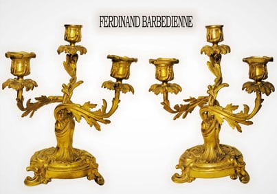 Pair Of Signed 19th Century French Ferdinand Barbedienne Gilt Bronze Candelabras