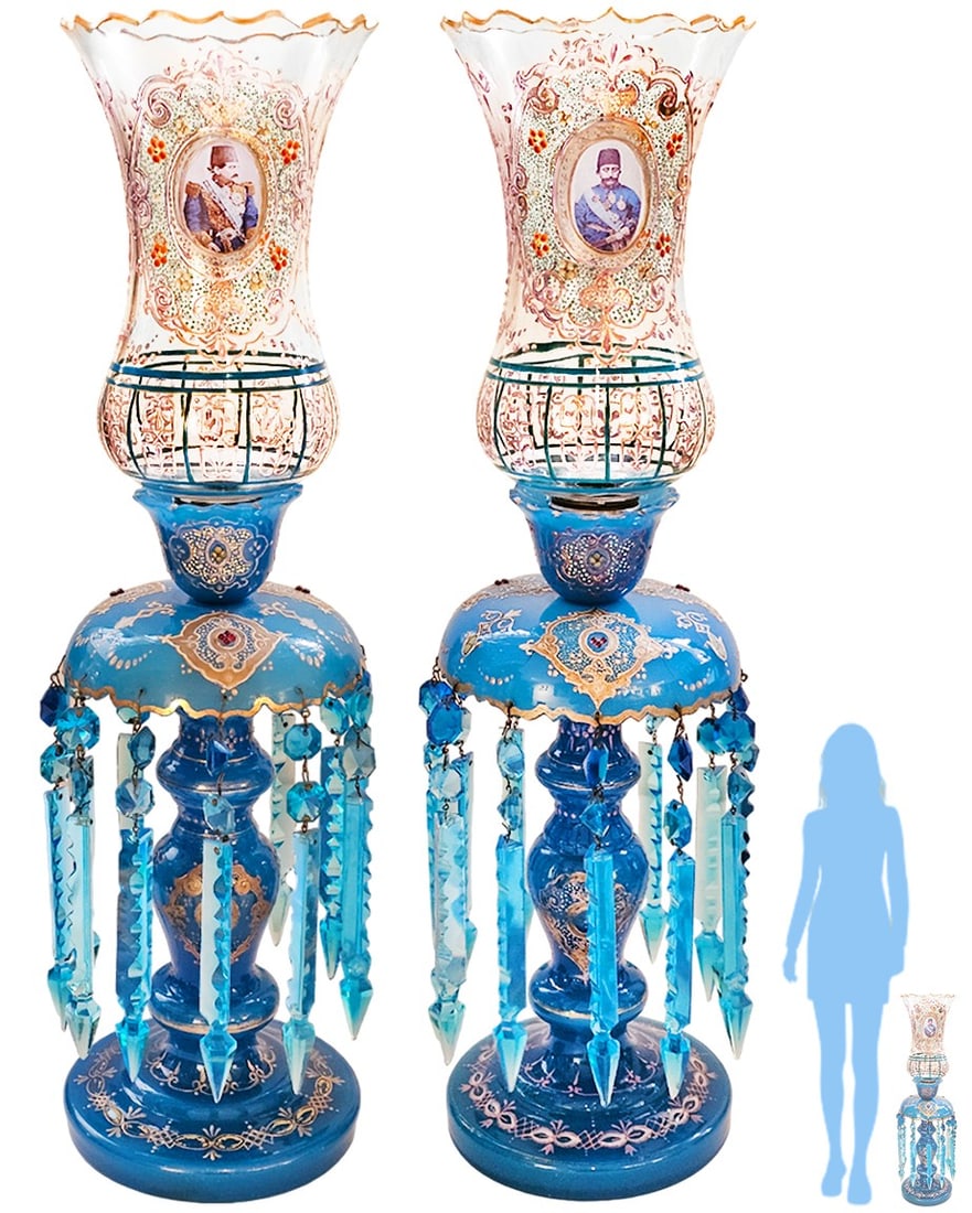 Pair of 19th Century Persian Opaline Lamp & Baccarat Shade Lamps: Pair of 19th Century Persian Opaline Lamp & Baccarat Shade Lamps. H 24" x W 7"