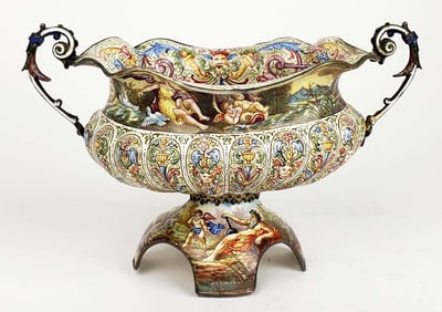 19th C. Large Viennese Enamel on Silver Bowl w/ Handles
