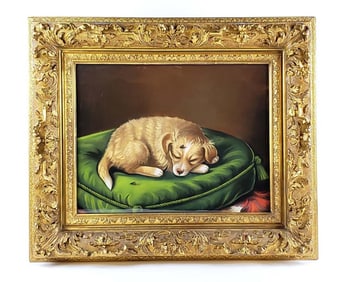 Magnificent 19th C. European Still Life Pastel on paper Painting of a Sleeping Dog Signed