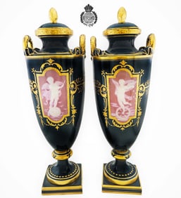 Pair of 19th C. Pate Sur Pate Mintons Porcelain Angel Vases / Urns Signed By Birks
