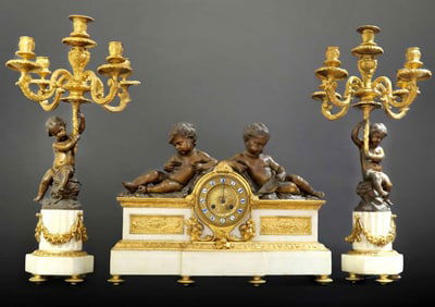 19th C. Figural Bronze And White Marble Clock Set With Pair of Candelabras