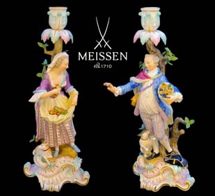 19th C. Pair Of Meissen Porcelain Figural Candlesticks