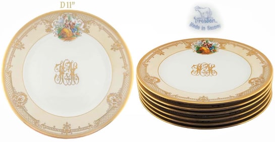 Set Of Six 19th C. Dresden Lamb Porcelain Hand Painted Dinner Plates