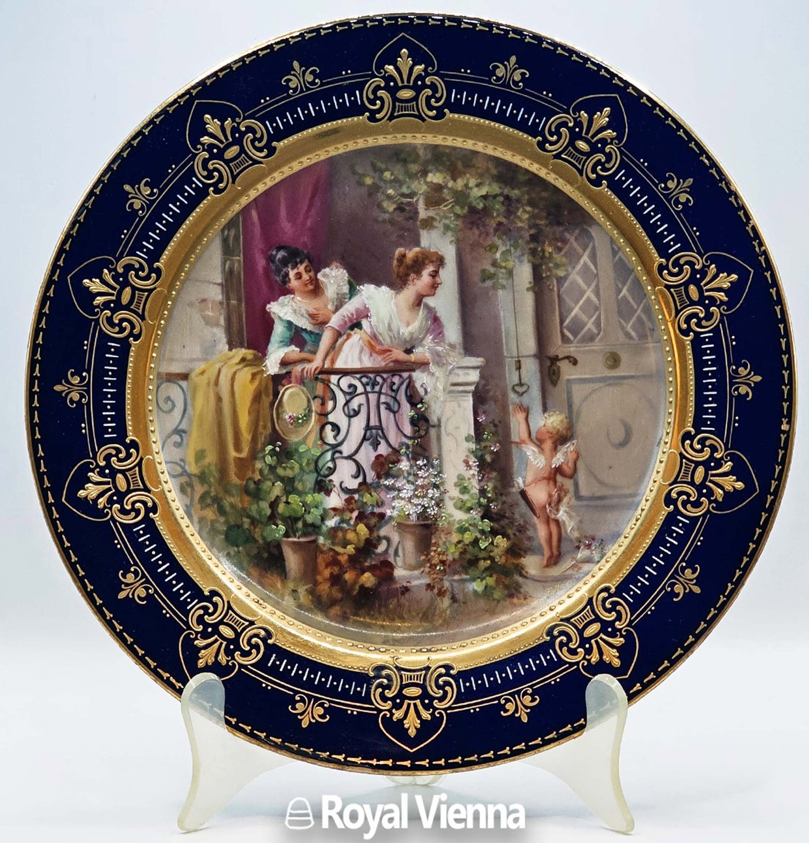 19th C. Hand Painted Royal Vienna Porcelain 'Ladies With An Angel' Plate (1 of 5)