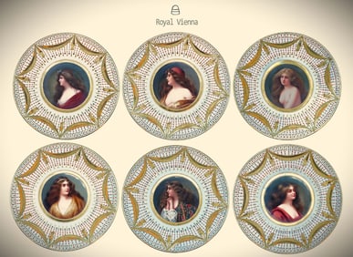 19th C. Set Of Six Royal Vienna Hand Painted Decorative Wall Plates, Signed