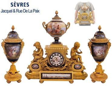Large 19th C. Figural Bronze Hand Painted Sevres Porcelain Clockset