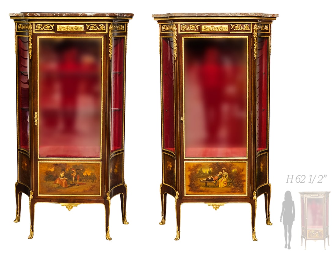 Pair of 19th Century Bronze Mounted Vernis Martin Cabinets/ Vitrine Attributed Francois Linke: Pair of 19th Century Bronze Mounted Vernis Martin Cabinets/ Vitrine Attributed Francois Linke. H 62 1/2" x W 15" x L 35 1/2"