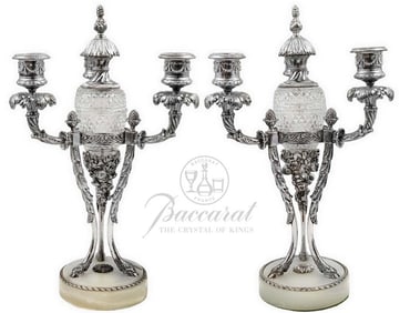 Pair Of French 19th C. Silver Plated On Bronze With Baccarat Crystal Candelabras