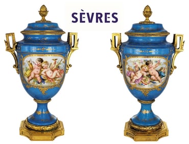 Pair Of 19th Century Hand Painted Sevres Vases