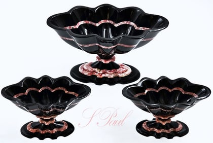 Set Of Three Black Onyx & Rhodochrosite Centerpieces