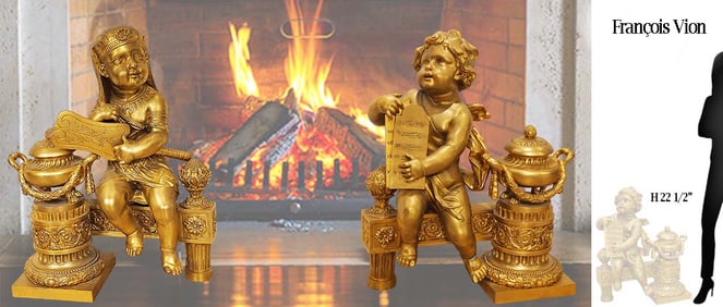 Signed, 19th C. French Judaica Fireplace Surround Moses & Pharaoh Figural Bronze Cherubs Chenets