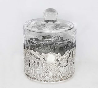 Sterling Silver (77g) Mounted Crystal Round Jar With Lid