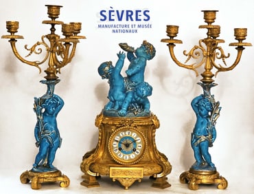 19th C. French Sevres Porcelain Cherub Angels Candelabra Bronze Mounted Clockset