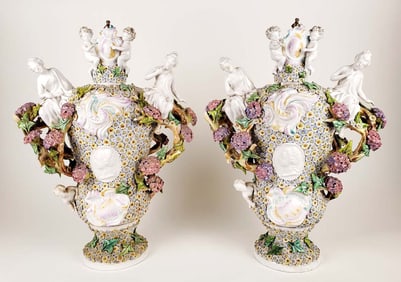 Pair of Large 19th C. Meissen Style Porcelain Figural Floral Encrusted Vases