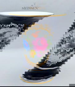 19th C. Meissen Cobalt Blue Hand Painted Floral Vase