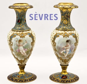 Pair Of 19th C. French Champleve Sevres Urns
