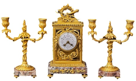 19th C. French Rouge Marble Gilt Bronze Mounted Clockset