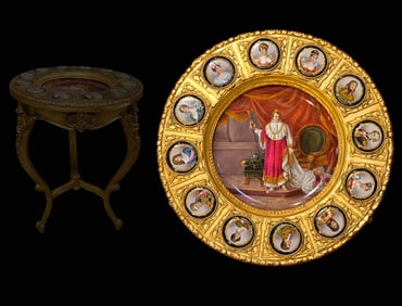 19th C. Austria Vienna Plaque Napoleon, Royal Family Plaque Mounted  Gilt-Wood Table