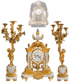 19th C. French Louis XVI Style Gilt-Bronze Figural Mental Clockset