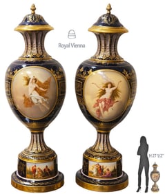 Pair Of Large 19th C. Royal Vienna Vases / Urns